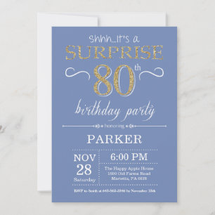 Surprise 80th Birthday Invitation Blue en Gold Kaart