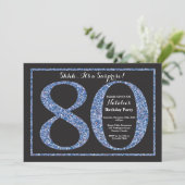 Surprise 80th Birthday Invitation Blue Glitter Kaart (Staand voorkant)