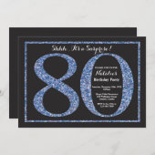 Surprise 80th Birthday Invitation Blue Glitter Kaart (Voorkant / Achterkant)