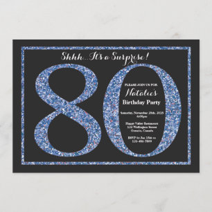 Surprise 80th Birthday Invitation Blue Glitter Kaart