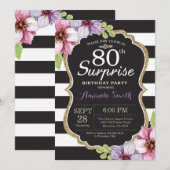 Surprise 80th Birthday Invitation Floral Gold Kaart (Voorkant / Achterkant)