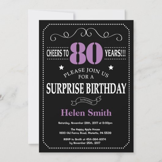 Surprise 80th Birthday Invitation Paars and Black Kaart (Voorkant)