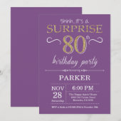 Surprise 80th Birthday Invitation Paars and Gold Kaart (Voorkant / Achterkant)