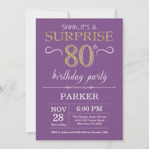 Surprise 80th Birthday Invitation Paars and Gold Kaart