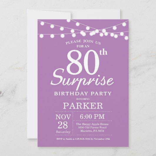 Surprise 80th Birthday Invitation Paars Lavender Kaart (Voorkant)