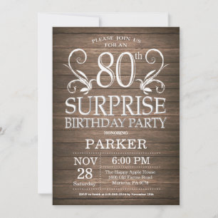 Surprise 80th Birthday Invitation Rustic Wood Kaart