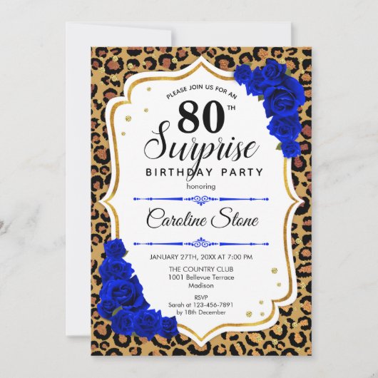 Surprise 80th Birthday - Leopard Gold Royal Blue Kaart (Voorkant)