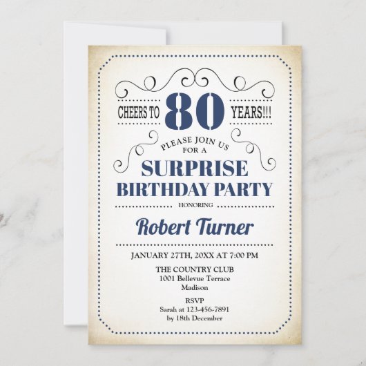 Surprise 80th Birthday - Navy Blue White Black Kaart (Voorkant)