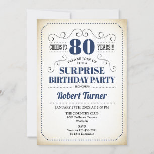Surprise 80th Birthday - Navy Blue White Black Kaart