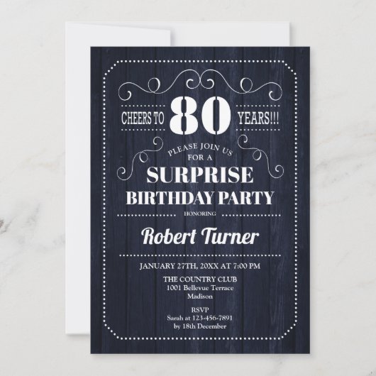 Surprise 80th Birthday - Navy Rustic Wood Pattern Kaart (Voorkant)