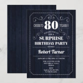 Surprise 80th Birthday - Navy Rustic Wood Pattern Kaart (Voorkant / Achterkant)