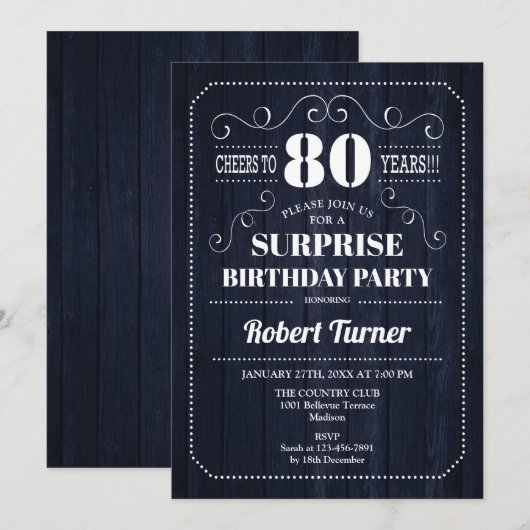 Surprise 80th Birthday - Navy Rustic Wood Pattern Kaart (Voorkant / Achterkant)