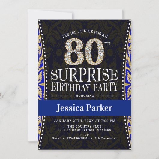 Surprise 80th Birthday Party - Gold Navy Blue Kaart (Voorkant)