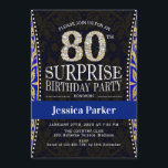 Surprise 80th Birthday Party - Gold Navy Blue Kaart<br><div class="desc">Verrassend uitnodiging voor vrouwen of mannen voor een 80e verjaardag. Elegant design in faux glitter Gold,  zwart en koninklijk blauw. Kenmerkt het manuscriptdoopvont en diamantaantal. Ideaal voor een stijlvolle,  volwassen verrassingsdag.</div>