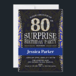 Surprise 80th Birthday Party - Gold Navy Blue Kaart<br><div class="desc">Verrassend uitnodiging voor vrouwen of mannen voor een 80e verjaardag. Elegant design in faux glitter Gold,  zwart en koninklijk blauw. Kenmerkt het manuscriptdoopvont en diamantaantal. Ideaal voor een stijlvolle,  volwassen verrassingsdag.</div>