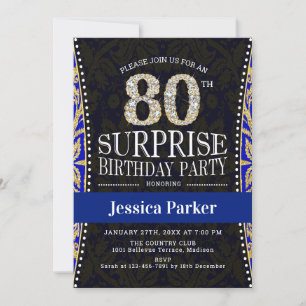 Surprise 80th Birthday Party - Gold Navy Blue Kaart
