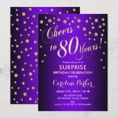 Surprise 80th Birthday Party - Gold Paars Kaart (Voorkant / Achterkant)