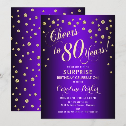 Surprise 80th Birthday Party - Gold Paars Kaart (Voorkant / Achterkant)