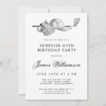 SURPRISE 80th Birthday Party Golf Theme Kaart<br><div class="desc">Elegante zwart-wit verjaardagsuitnodiging voor een golfer. De top van de uitnodiging is versierd met accessoires - een golfclub, golfbal, pet en handschoenen. De waterverf design creëer is een traditioneel en klassiek esthetiek. Perfect voor een verjaardagsbash bij de club of een BBQ in de achtertuin. Alle tekst kan eenvoudig worden bewerkt....</div>