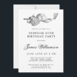 SURPRISE 80th Birthday Party Golf Theme Kaart<br><div class="desc">Elegante zwart-wit verjaardagsuitnodiging voor een golfer. De top van de uitnodiging is versierd met accessoires - een golfclub, golfbal, pet en handschoenen. De waterverf design creëer is een traditioneel en klassiek esthetiek. Perfect voor een verjaardagsbash bij de club of een BBQ in de achtertuin. Alle tekst kan eenvoudig worden bewerkt....</div>