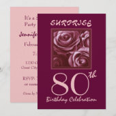 SURPRISE 80th Birthday Party nodigt Paarse Rozen u Kaart (Voorkant / Achterkant)