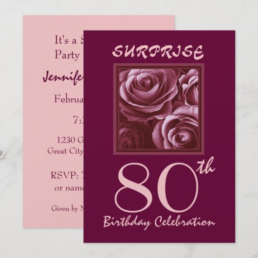 SURPRISE 80th Birthday Party nodigt Paarse Rozen u Kaart (Voorkant / Achterkant)