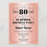 Surprise 80th Birthday - Roos Gold Zwart Kaart<br><div class="desc">Verrassing 80ste verjaardag uitnodiging. Retro ontwerp in faux roos gouden folie en zwart. Proost op 80 jaar! Kan ook tot elk jaar worden gepersonaliseerd.</div>