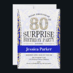 Surprise 80th Birthday - White Gold Royal Blue Kaart<br><div class="desc">Verrassend uitnodiging voor vrouwen of mannen voor een 80e verjaardag. Elegant design in royal blue,  white and faux glitter gold. Kenmerkt het manuscriptdoopvont en diamantaantal. Ideaal voor een stijlvolle,  volwassen verrassingsdag.</div>