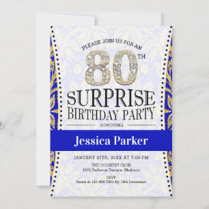 Surprise 80th Birthday - White Gold Royal Blue Kaart