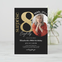 Surprise 80th Black Gold Birthday Invitation Foto Kaart