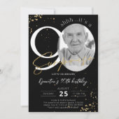 Surprise 90th Birthday Black Gold Photo Invitation Kaart (Voorkant)