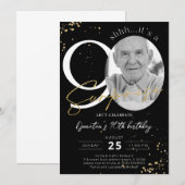 Surprise 90th Birthday Black Gold Photo Invitation Kaart (Voorkant / Achterkant)