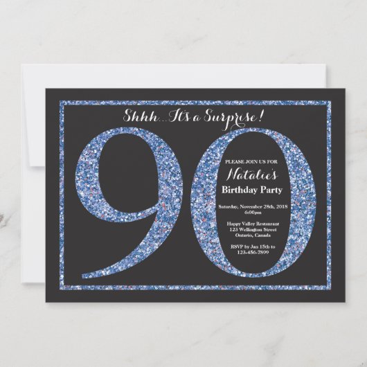 Surprise 90th Birthday Invitation Blue Glitter Kaart (Voorkant)