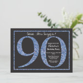 Surprise 90th Birthday Invitation Blue Glitter Kaart (Staand voorkant)