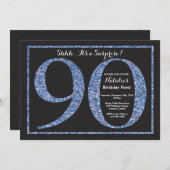 Surprise 90th Birthday Invitation Blue Glitter Kaart (Voorkant / Achterkant)