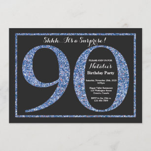 Surprise 90th Birthday Invitation Blue Glitter Kaart