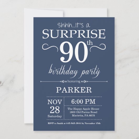 Surprise 90th Birthday Invitation Blue Kaart (Voorkant)