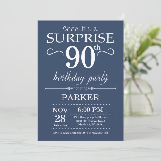 Surprise 90th Birthday Invitation Blue Kaart (Staand voorkant)