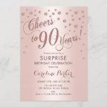 Surprise 90th Birthday Party - Roos Gold Kaart<br><div class="desc">Surprise 90th Birthday Party Invitation Elegant ontwerp met faux glitter roos goud. Beschikt over scriptlettertype en confetti. Proost op 90 jaar! Stuur me een bericht als je een aangepaste leeftijd nodig hebt.</div>