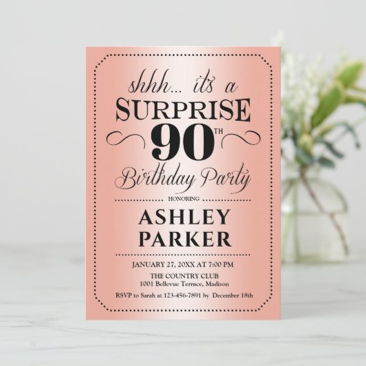 Surprise 90th Birthday Party - Roos Gold Kaart (Staand voorkant)