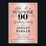 Surprise 90th Birthday Party - Roos Gold Kaart<br><div class="desc">Verrassing 90ste verjaardag feestuitnodiging. Eenvoudig stijlvol design in roos goud en zwart. Met faux roos gouden folie en elegant script lettertype. Verrassingsfeest voor man of vrouw. Kan in om het even welke leeftijd worden aangepast!</div>