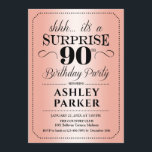 Surprise 90th Birthday Party - Roos Gold Kaart<br><div class="desc">Verrassing 90ste verjaardag feestuitnodiging. Eenvoudig stijlvol design in roos goud en zwart. Met faux roos gouden folie en elegant script lettertype. Verrassingsfeest voor man of vrouw. Kan in om het even welke leeftijd worden aangepast!</div>