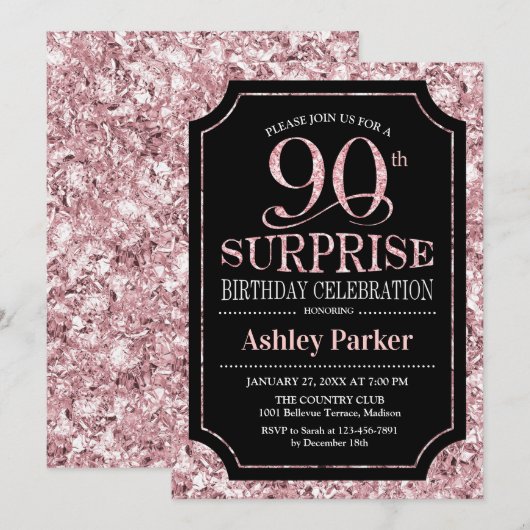 Surprise 90th Birthday Party - Roos Goud Zwart Kaart (Voorkant / Achterkant)