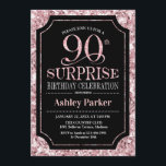 Surprise 90th Birthday Party - Roos Goud Zwart Kaart<br><div class="desc">Verrassing 90ste verjaardag viering uitnodiging. Elegant stijlvol ontwerp in zwart en faux glitter roos gouden motief. Beschikt over een elegant scriptlettertype. Stuur me een bericht als je verder moet worden aangepast.</div>
