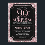 Surprise 90th Birthday Party - Roos Goud Zwart Kaart<br><div class="desc">Verrassing 90ste verjaardag viering uitnodiging. Elegant stijlvol ontwerp in zwart en faux glitter roos gouden motief. Beschikt over een elegant scriptlettertype. Stuur me een bericht als je verder moet worden aangepast.</div>