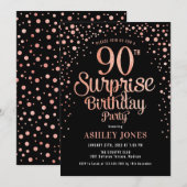 Surprise 90th Birthday Party - Zwart & Roos Goud Kaart (Voorkant / Achterkant)