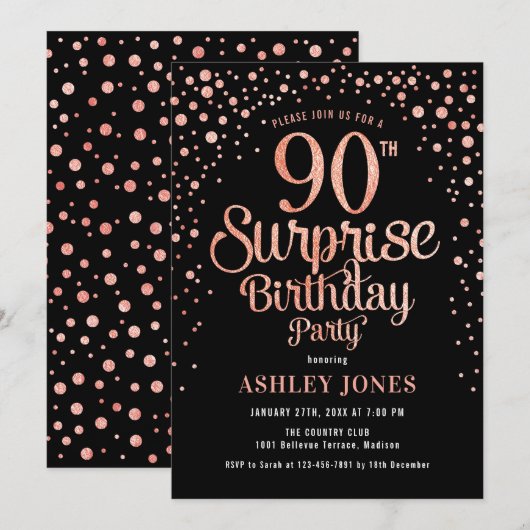 Surprise 90th Birthday Party - Zwart & Roos Goud Kaart (Voorkant / Achterkant)