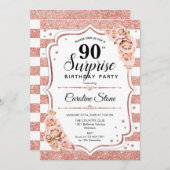 Surprise 90th Birthday - Roos Goud Wit Roze Kaart (Voorkant / Achterkant)