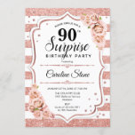 Surprise 90th Birthday - Roos Goud Wit Roze Kaart<br><div class="desc">Verrassing 90ste verjaardag uitnodiging. Vrouwelijk wit,  blush roze ontwerp met faux glitter roos goud. Met strepen,  roze rozen,  script lettertype en confetti. Perfect voor een elegant verjaardagsfeestje. Kan worden gepersonaliseerd om elke leeftijd te shows. Stuur me een bericht als je verder moet worden aangepast.</div>