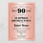 Surprise 90th Birthday - Roos Goud Zwart Kaart<br><div class="desc">Verrassing 90ste verjaardag uitnodiging. Retro ontwerp in faux roos gouden folie en zwart. Proost op 90 jaar! Kan ook tot elk jaar worden gepersonaliseerd.</div>